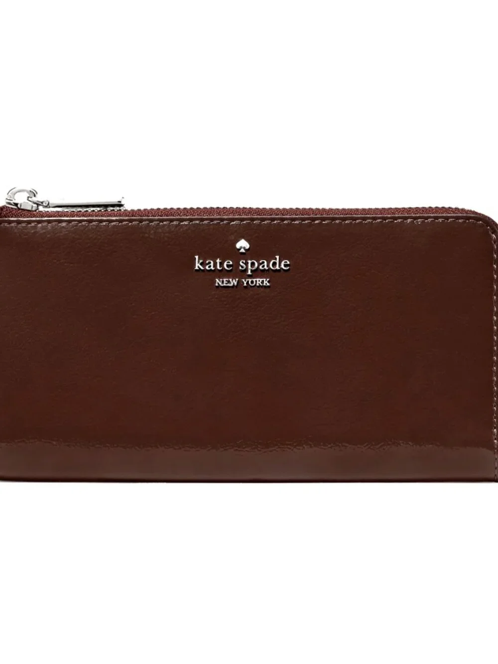 New Kate Spade Shiny Patent Leather Large Slim L-zip Wallet Hot Fudge